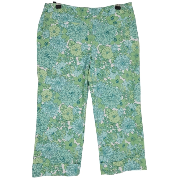 LOFT Pants - Ann Taylor LOFT Capri Pants Green Blue Floral Mid Rise Zip Cropped Petite 8P